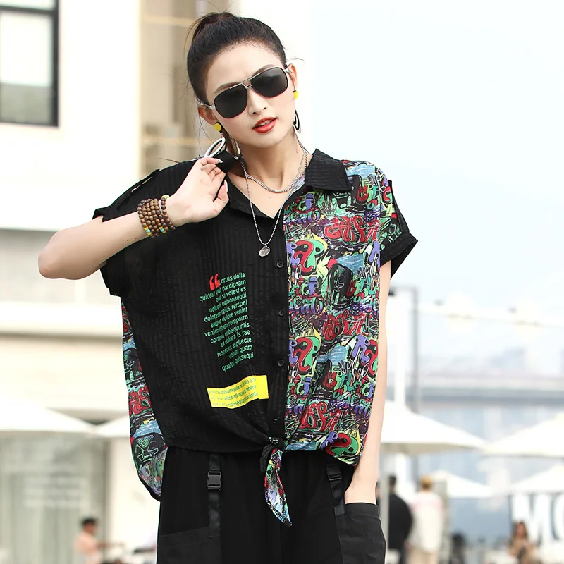 

Ladies T-shirts Female Lady Clothes Letter Spelling Yellow Character Black Patchwork Tees And Tops Loose Short Sleeve T Shirts