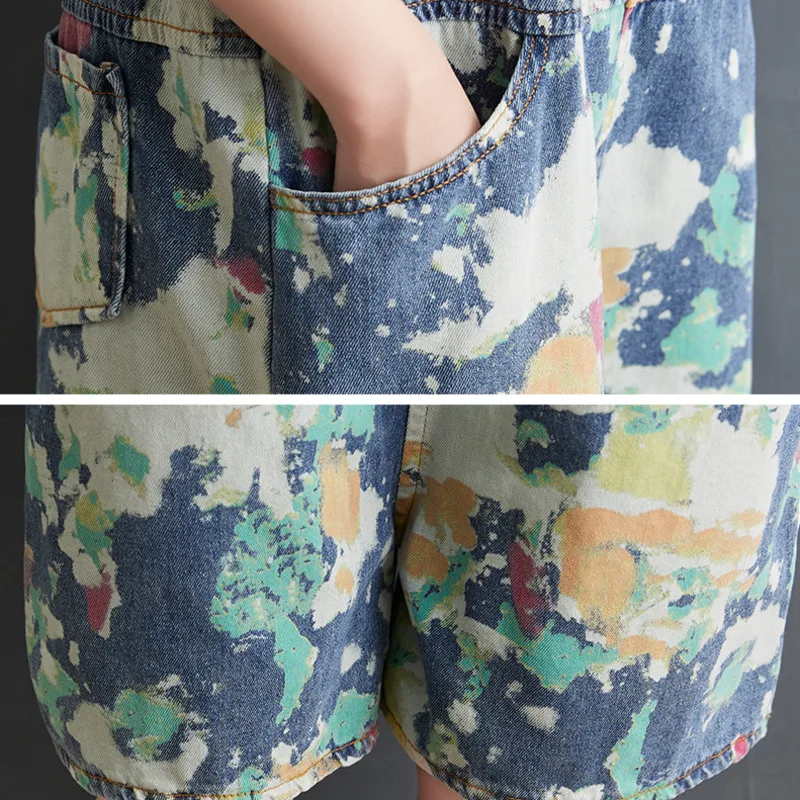 

#1564 Tie Dyed Printed Denim Jumpsuit Women Casual Vintage Rompers Womens Jumpsuit Wide Leg Summer Retro Jeans Short Jumpsuit
