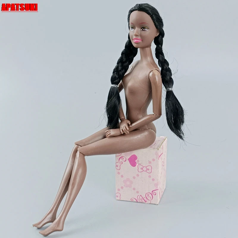 

1pc 11 Jointed Movable Chocolate Body + Black Hair Long Ponytail Head 11.5" Doll Nude Naked Body 1/6 BJD Accessories Kids Toys