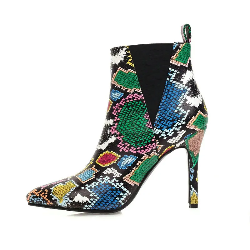 Женские ботинки с острым носком на тонком каблуке со змеиным принтом - купить по