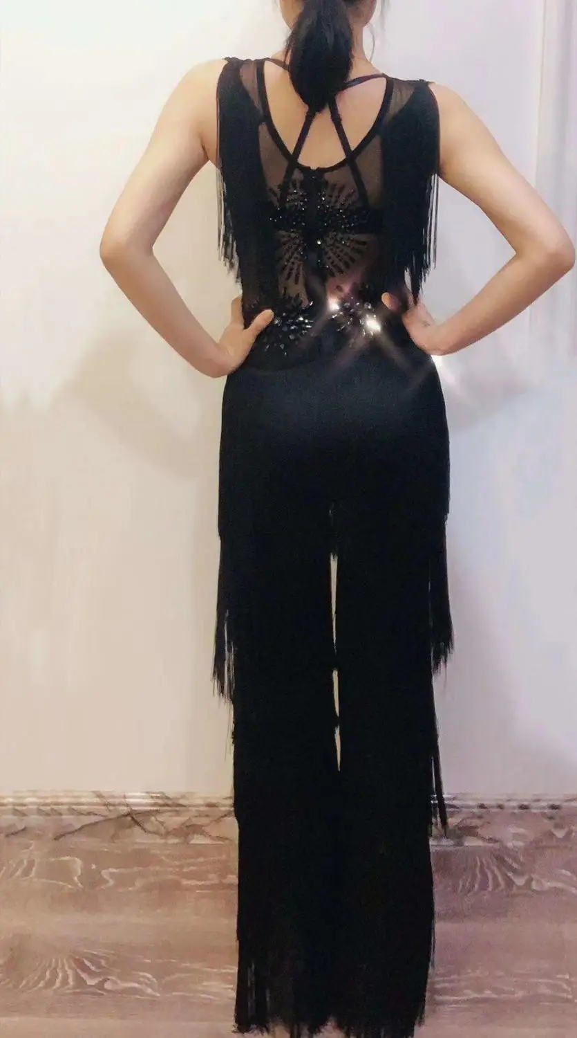 Комбинезон женский сетчатый прозрачный с бахромой черного цвета | Женская одежда