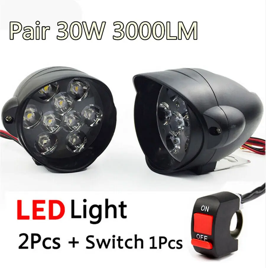 

2Pcs LED Motorcycle Light 30W 6000K White Motorcycle Headlight Lamp LED Spot Fog Light With Switch 9V-85V For Cars Motorcycles