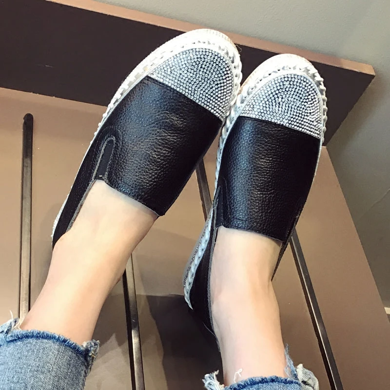 

European Famous Brand Patchwork Espadrilles Shoes Woman Genuine Leather Creepers Flats Ladies Loafers White Leather Moccasins
