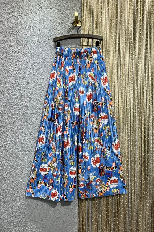 

Summer Women's Fashion High Waist Printed Casual Pants Pleated Loose Elastic Slimming Wide Leg Pants Female Straight Trousers