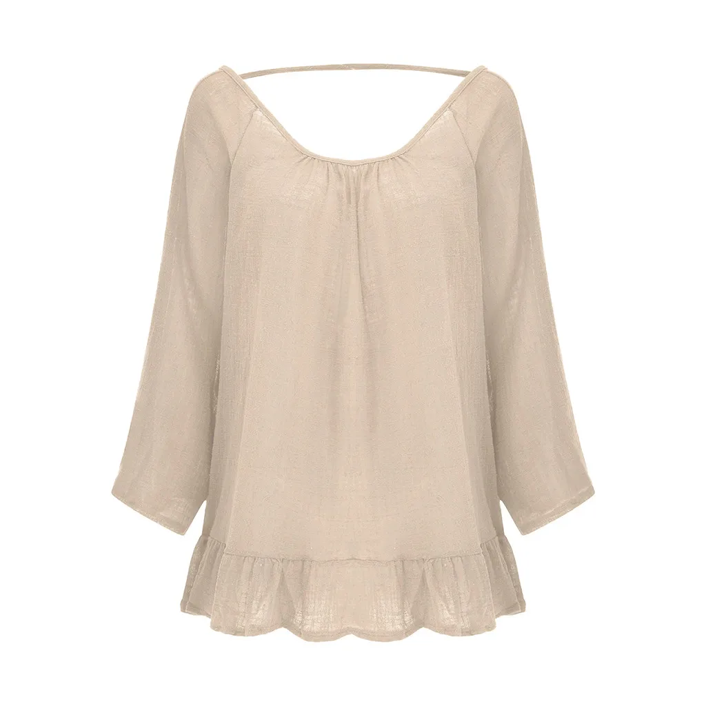 Oversize Fashion Cotton Linen Blouse Shirt Solid Loose O-Neck Tops Casual Summer Ladies Female Women 3/4 Sleeve Blusas Pullover