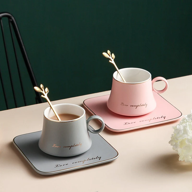 

European Simple Luxury Coffee Milk Mug Set With Tray And Spoon For Afternoon Tea Western Restaurant Decor Ceramics Cups