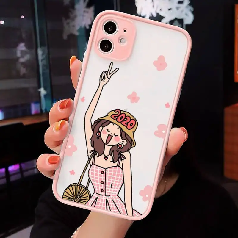 

Aesthetic cartoon girl Phone Case Matte Transparent for iPhone 7 8 11 12 s mini pro X XS XR MAX Plus cover funda