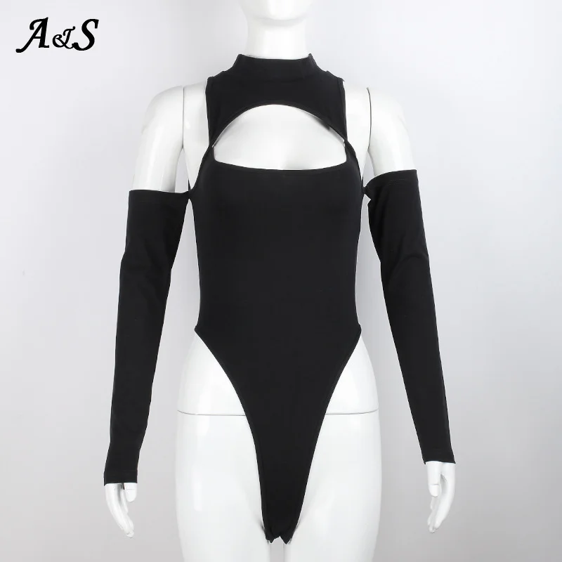Anbenser 2021 New Off Shoulders Bodysuit Women Sexy Solids Stretch Hollow Out O-Neck Casual Long Sleeves Basic Bodysuits Outfits
