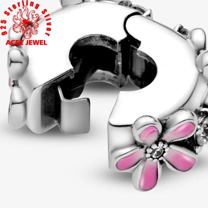

2020 Spring New 925 Sterling Silver Beads Pink Daisy Flower Clip Charms fit Original pandora Bracelets Women DIY Jewelry