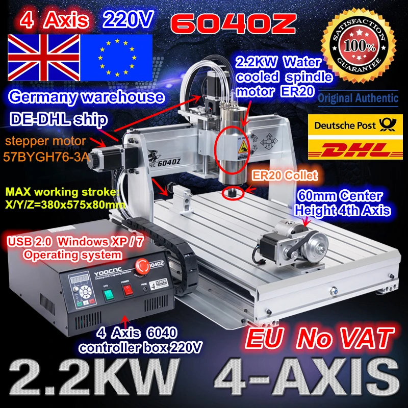 

【EU free VAT】 USB port 4 Axis CNC 6040 2200W 2.2KW Spindle motor USB Mach3 CNC Router Engraver Engraving Milling machine 220VAC