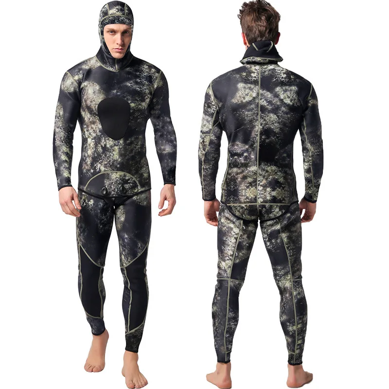 3MM Camo Long Sleeve Fission Hooded Diving Suit 2 Pieces Set Neoprene Snorkel Submersible Men Women Keep Warm Waterproof Wetsuit