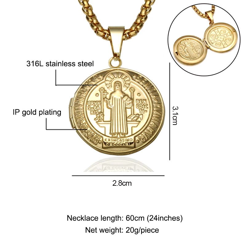 Catholic Saint Benedict Medallion Necklaces Stainless Steel Can Open Photo Frame Pendant Necklace For Men images - 6