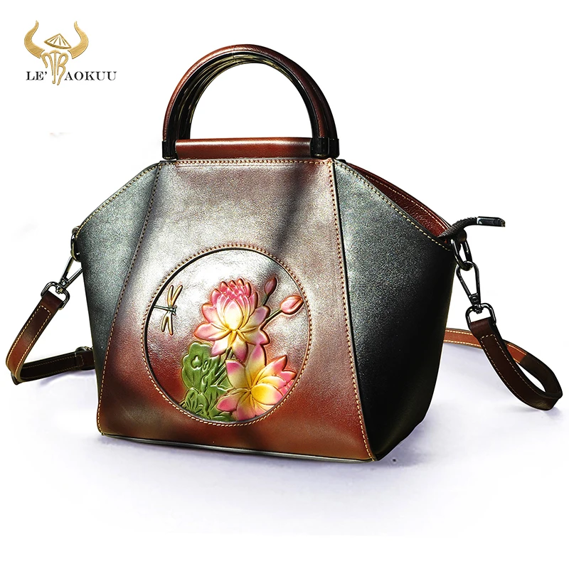 

Unique Flower Emboss Natural Leather Famous Brand Luxury Ladies Shopper handbag Shoulder bag Women Designer Female Tote bag 6639