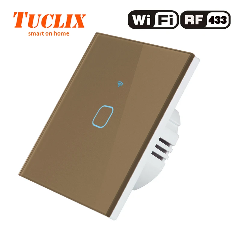 TUCLIX ЕС/Великобритания приложение Wi-Fi настенный выключатель света 1/2/3 местный 1 позиционный 110-240V с украшением в виде кристаллов Стекло Панель переключатель Водонепроницаемый сенсорный Управление - Цвет: EU-WiFi-RF-01 Coffee