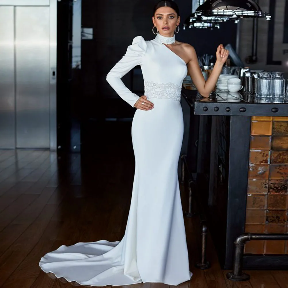 

Simple High Neck Wedding Dresses Long Sleeve Appliques Jersey Zipper Back Court Train Bridal Gowns Customized Vestidos De Novia