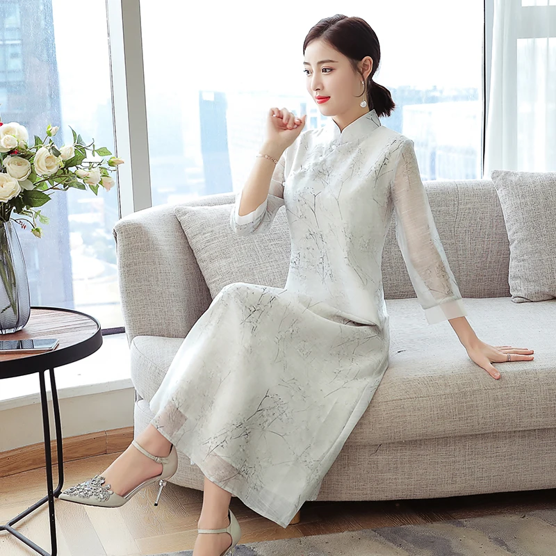 Китайское платье cheongsam qipao женское вечернее платье Элегантное qipao воротник Мандарин cheongsam китайское платье с цветочным принтом - Цвет: color1