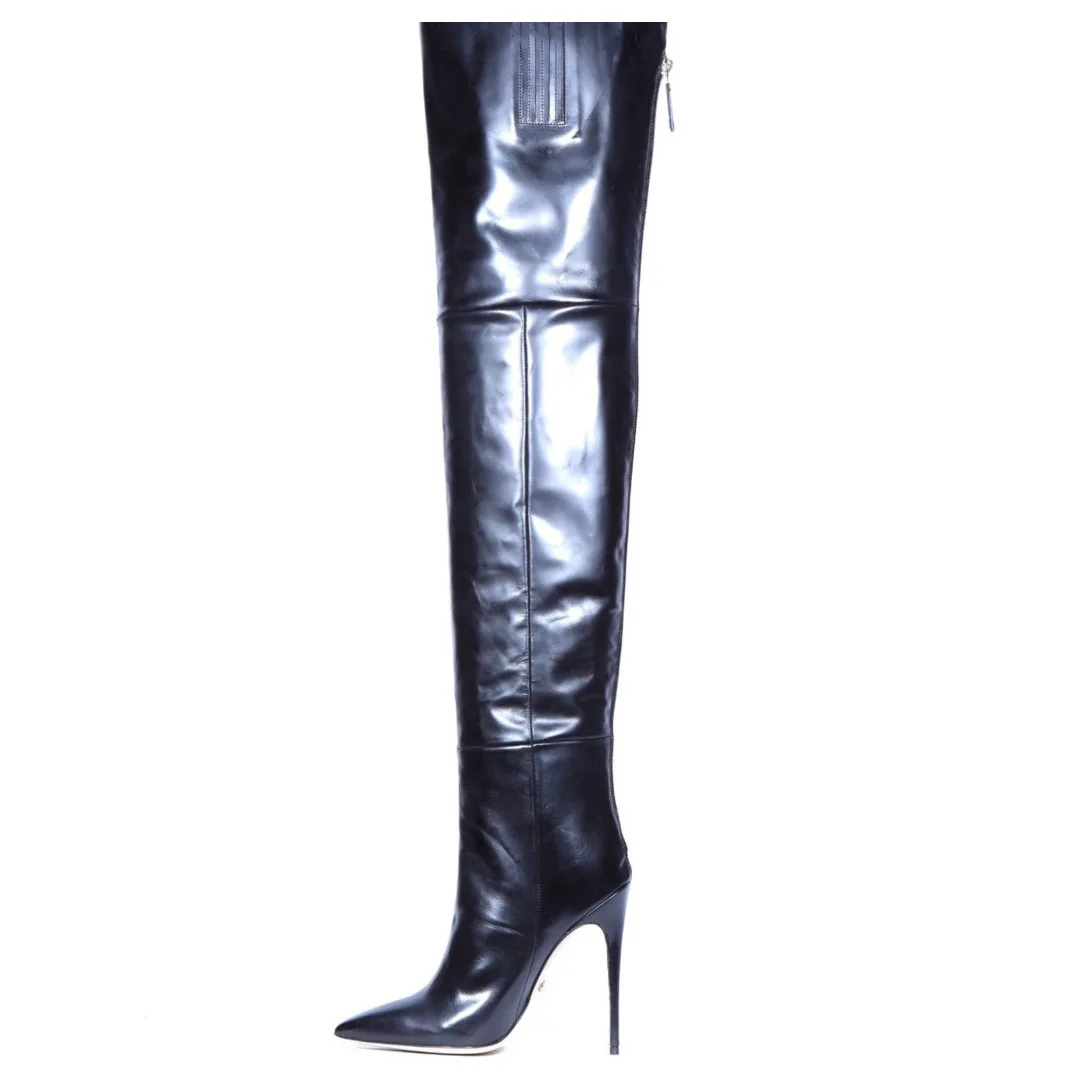 

2020 spring and autumn new pointed thin heel wind back zipper knee high boots Knight boots net red high boots big size