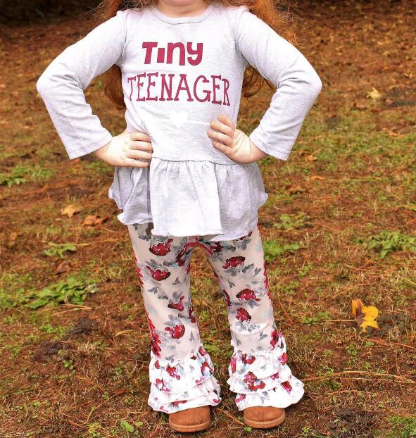 

Kids girls boutique clothing "Tiny Teenager"Long Sleeve Flower Ruffle Pants Children Boutique 2Pcs Outfit