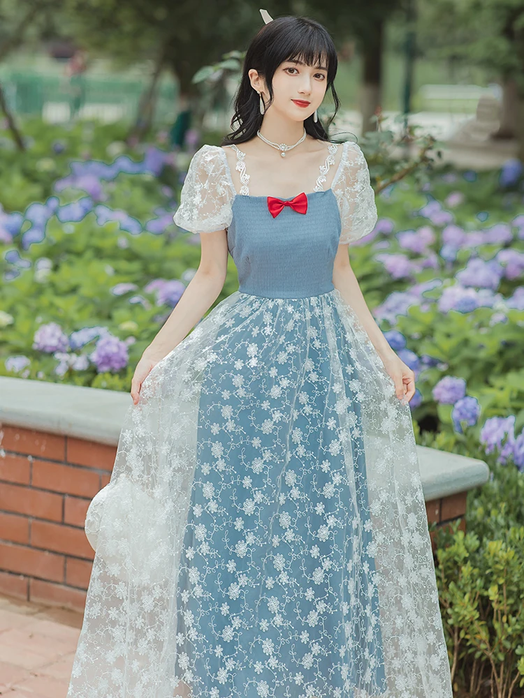 

Платье принцессы, вечернее платье для выпускного вечера, синее длинное платье с вышивкой и коротким рукавом и бантом