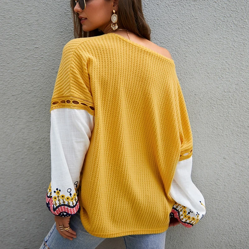 New ladies casual plus size sweater 8XL 7XL 6XL 5XL fashion knit stitching embroidery flower cuffs round neck bust 133CM | Женская