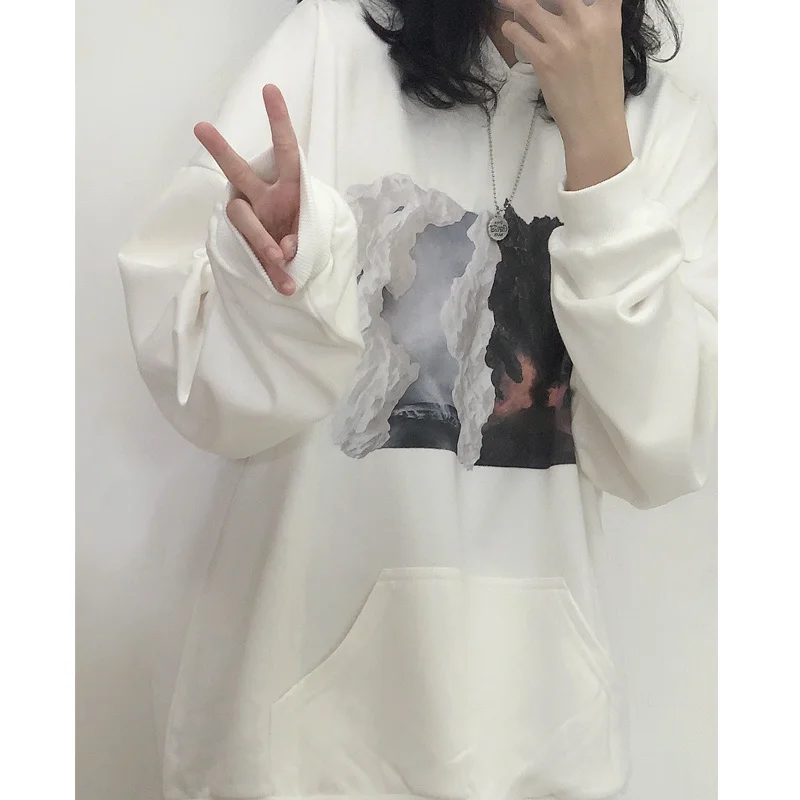 Толстовка женская оверсайз из чистого хлопка модный белый свитер пальто худи в