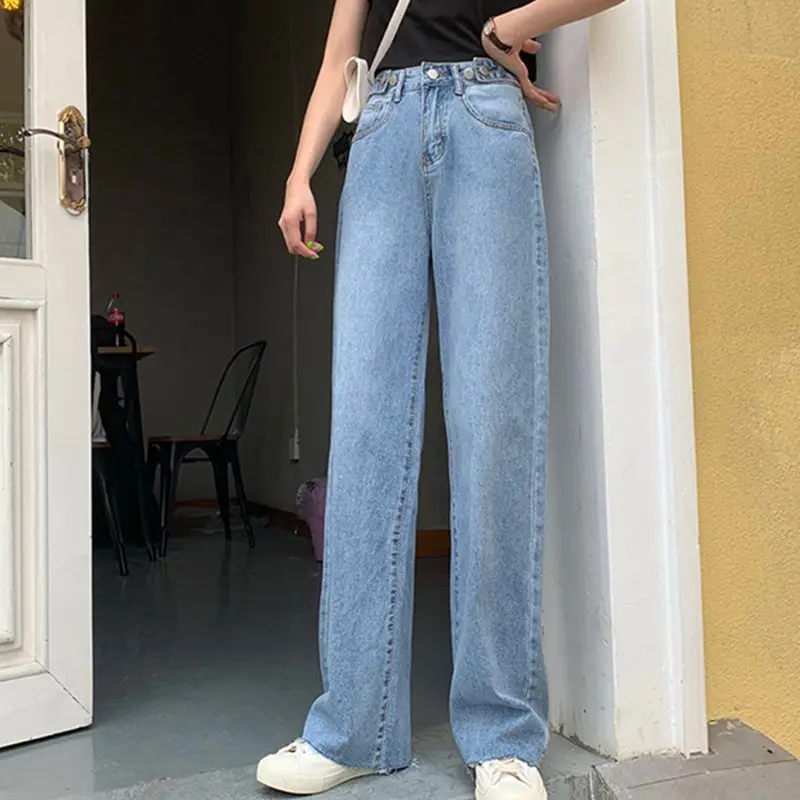 

Women's High Waist Denim Wide Leg Pants Straight All-match Pants Loose Light Blue XL