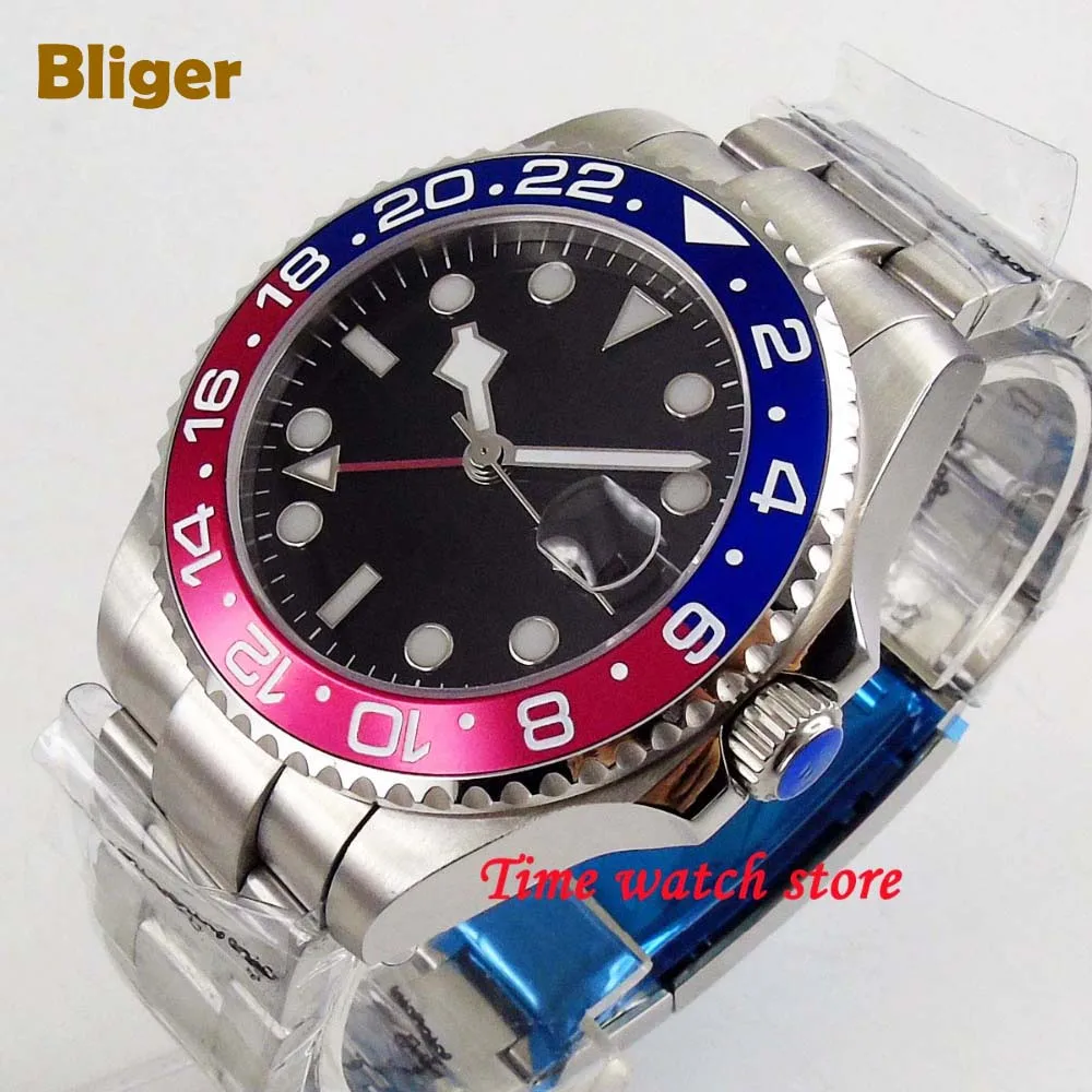 

40mm Bliger GMT 3804 Automatic watch men waterproof aluminum bezel black dial ceramic bezel sapphire glass luminous