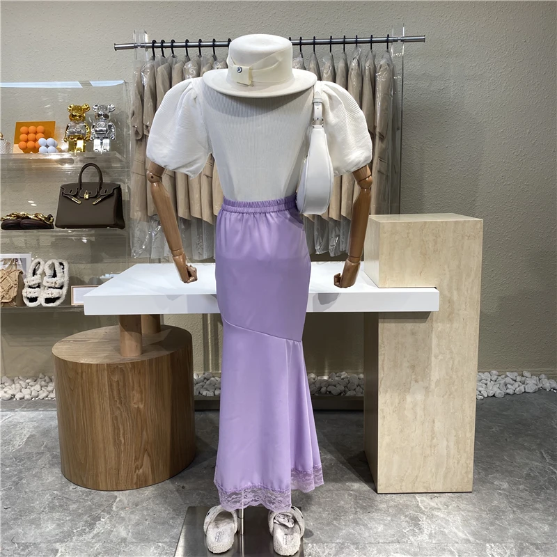 

Niche Design 2021 Fashionable Lace Hem Buttock Fishtail Dress Solid Color Elastic High Waist Dress