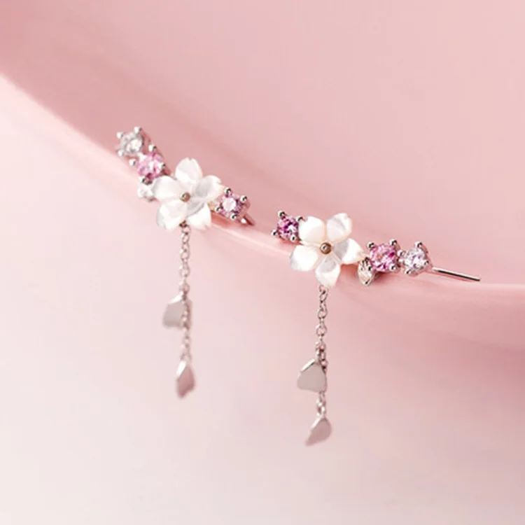 

Fashion Silver Plated Flower Cherry Blossom Pendant Ear Hook Fashion Jewelry Gift Charm Female Wedding Engagement Ear Hook