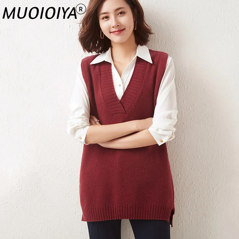 

2022 Winter Women V-neck Sleeveless Jumpers Knitted Sweaters 100% Australian Wool FemaleThicker Tops