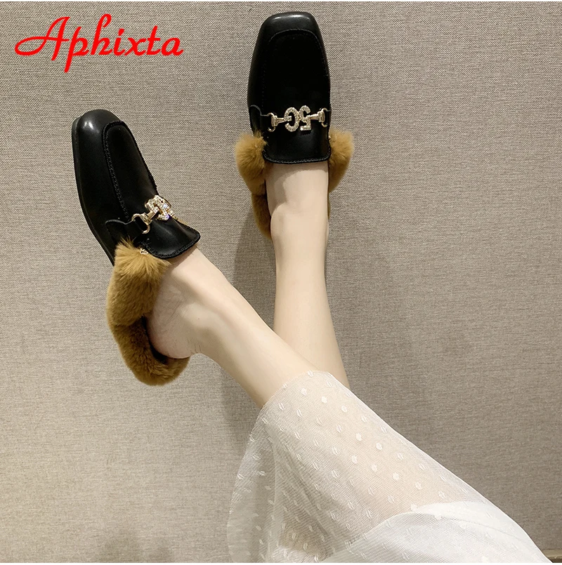 Aphixta/тапочки на Плоском Каблуке; женская обувь; Роскошные шлепанцы на меху со змеиным принтом и металлическими украшениями; женская теплая обувь; Mujer