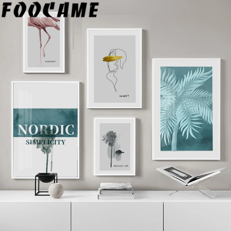

Flamingo Woman Line Flower Leaves Nordic Canvas Painting Vintage Poster Minimalist Abstract Art Print Wall Pictures Decoration