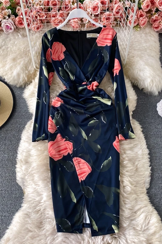 

2021 women's sexy V-Neck long sleeve slim slit dress spring and autumn fashion elegant office lady dress Floral Plus Size Robes