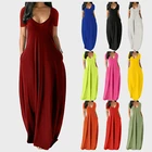Женское длинное платье с V-образным вырезом, свободное однотонное Пляжное Платье макси с карманами и коротким рукавом, лето 2021, размера плюс