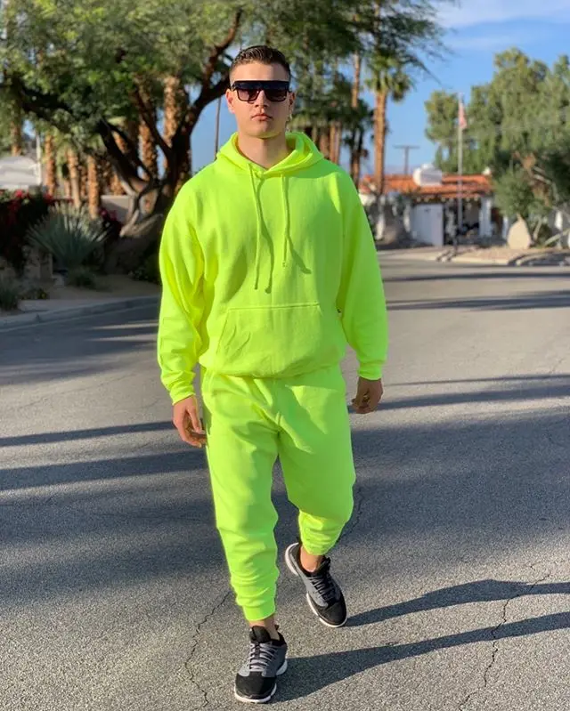 Fluorescence Green OMSJ, модные неоновые стильные мужские комплекты, флуоресцентный зеленый свитер с капюшоном+ спортивные штаны, два предмета, осенне-зимний Повседневный Спортивный костюм - Цвет: Fluorescence Green