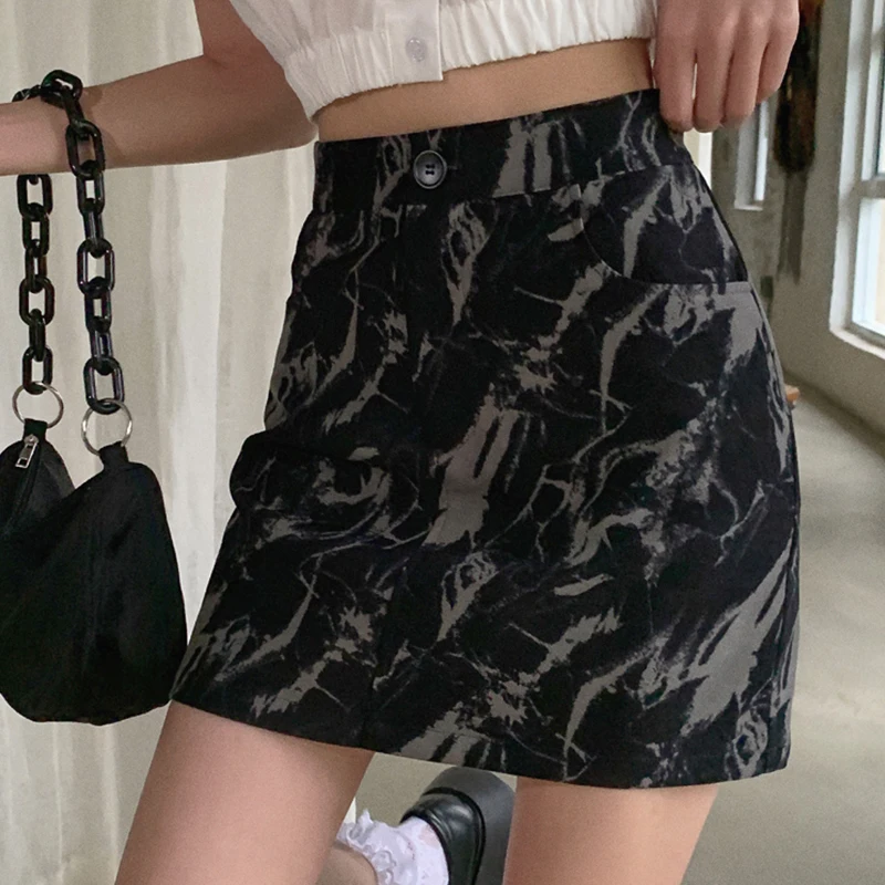 

BETHQUENOY Black Tie-dye Skirts Women 2021 Mujer Faldas Femme Saias Mulher Plisada Woman A-line Skirt Midi Jupe Spodnica Damska