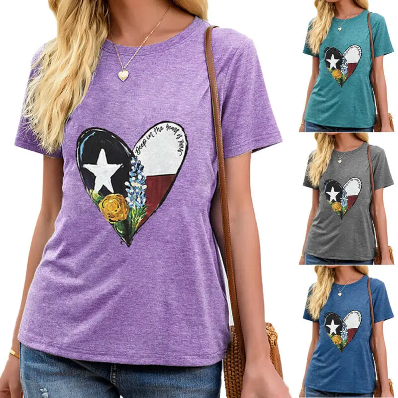 

VICABO T Shirt Women Heart Print Short Sleeve Ladies T-Shirt Loose Crew Neck Casual Summer Female Tops Women Clothing