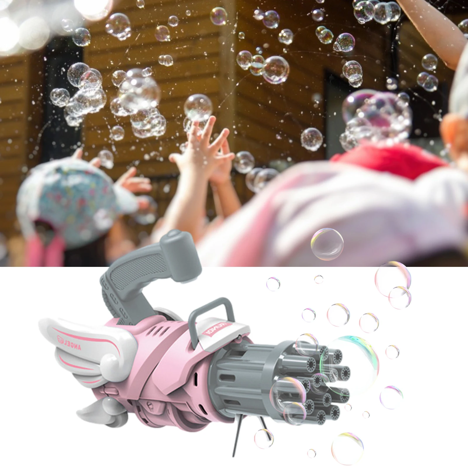 

Electric Gatling Bubble Gun 12-hole Angel Automatic Bubble Machine Children's Outdoor Toys Gifts For Children greater