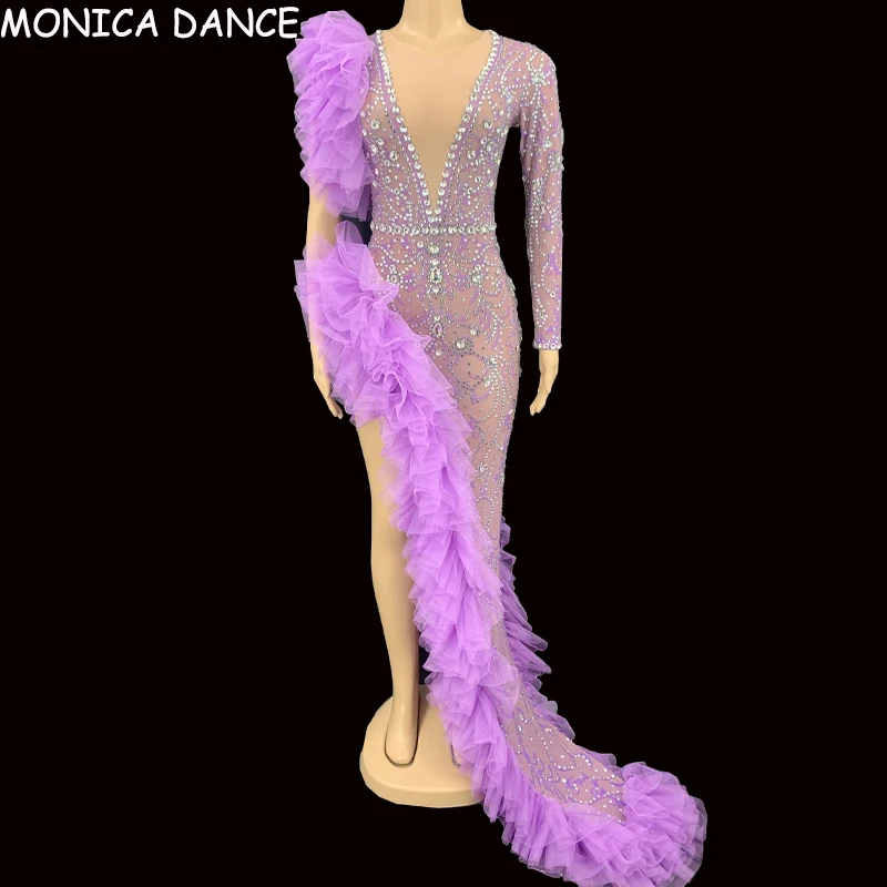 Сексуальное Серебряное Стразы фиолетовое Сетчатое прозрачное длинное платье