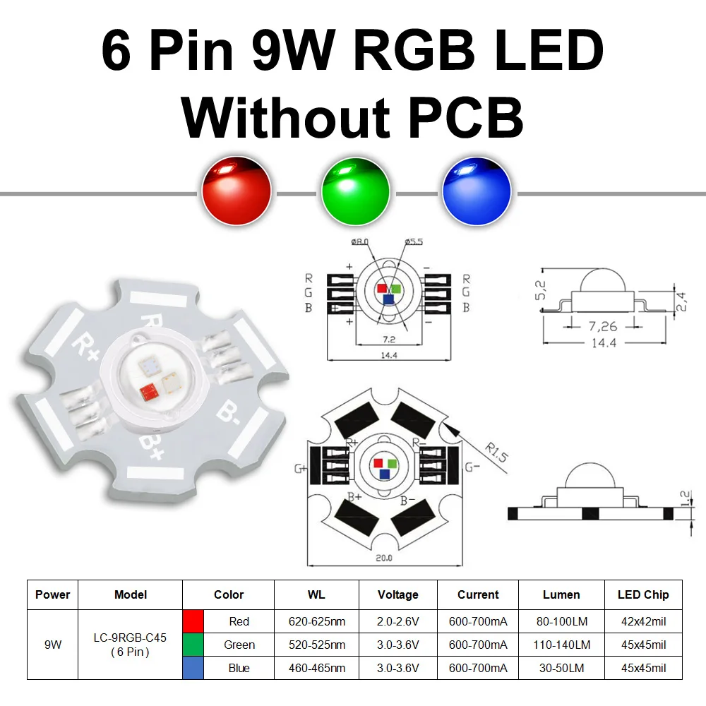 3 Вт 9 RGB Мощный светодиодный чип COB 1 4 6-контактный с печатной платой полноцветный