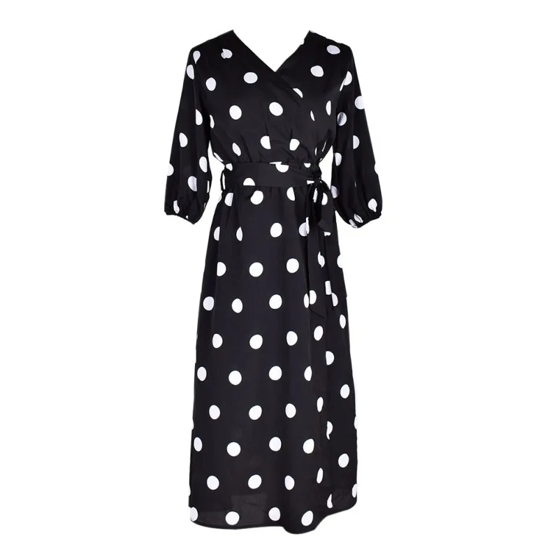 Женское платье в стиле бохо длинное горошек с v-образным вырезом на талии