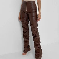 high waist solid color women pants windproof zipper closure pleated faux leather pants ladies clothing