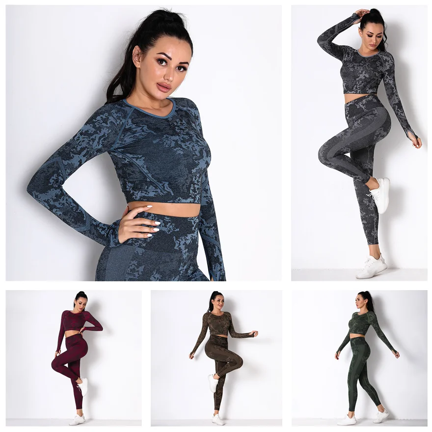 

Camo Seamless Yoga Set Fitness Sports Suits Gym Clothing Long Sleeve Crop Top Shirt Higt Waist Running Leggings Workout Pants