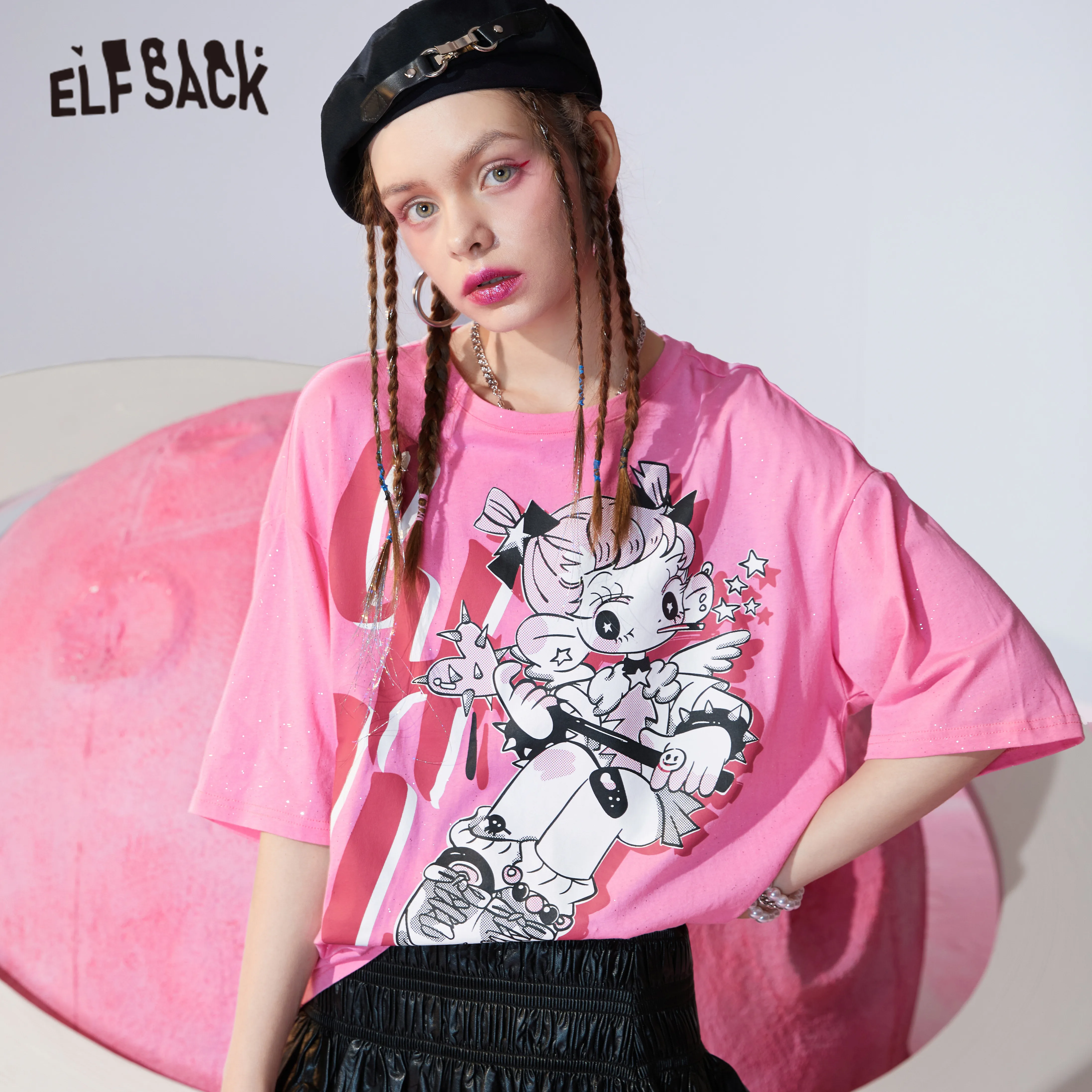 

ELFSACK Harajuku Cartoon Print Casual T-Shirts Women,2021 Spring ELF Vintage Short Sleeve Female Basic Daily Graphic Summer Tops
