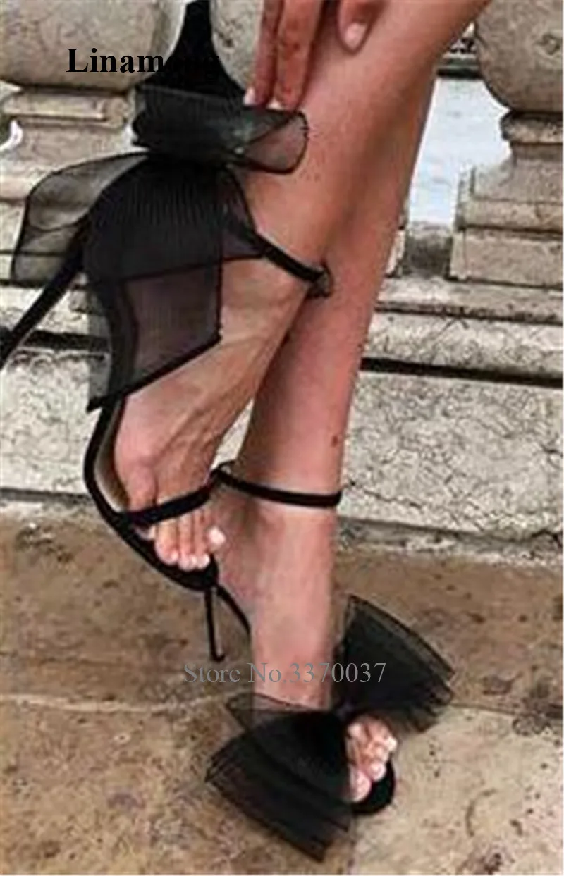 

Женские босоножки на шпильке, с открытым носком, сетчатые, декорированные бантом, белые, черные, асимметричные, на высоком каблуке, свадебные туфли