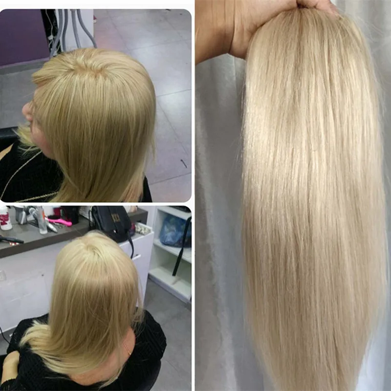 Ash Blonde Human Hair Topper Wig 16*18 cm Breathable Toupee with Clips Remy Hair Hairpiece Glueless With Clip Blond Human Hair