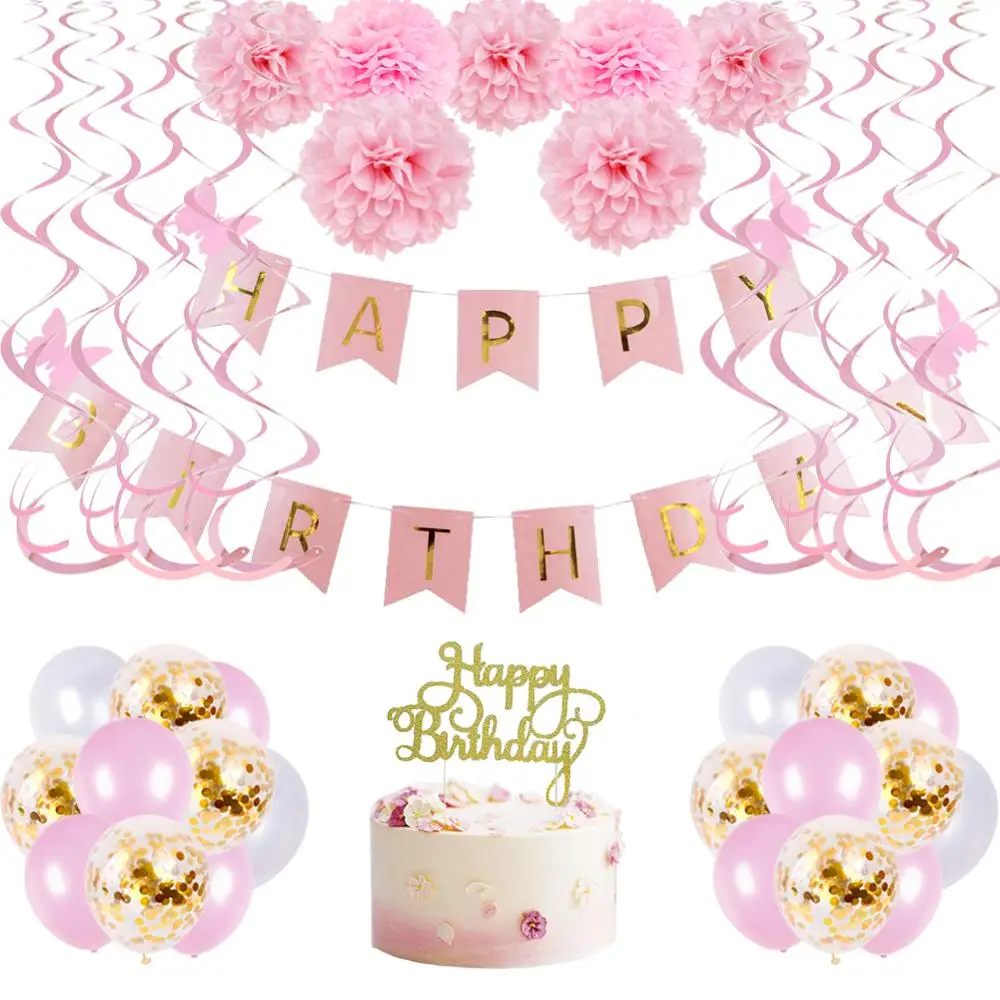 Розовый с днем рождения украшения золотые блестящие в горошек конфетти