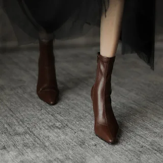 

High Heels Dress Shoes Pointed Toe Bare Boots Black Booties Thin Heeled Fashion Ankle Boots Retro Ladies Shoes Botasui9