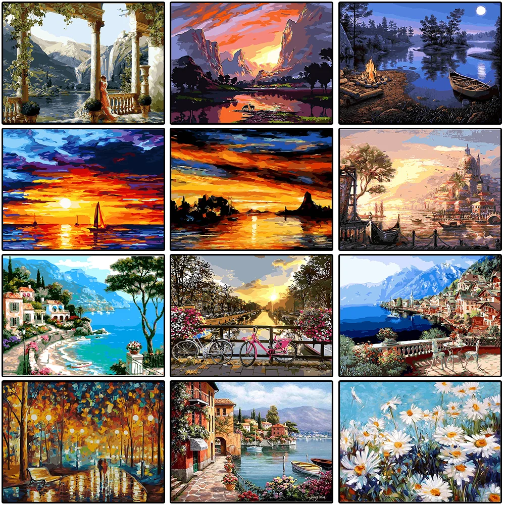 

DIY Paintings By Numbers Beautiful Scenery Oil Painting On Canvas Street Landscape Art Pictures Coloring By Numbers Home Decor