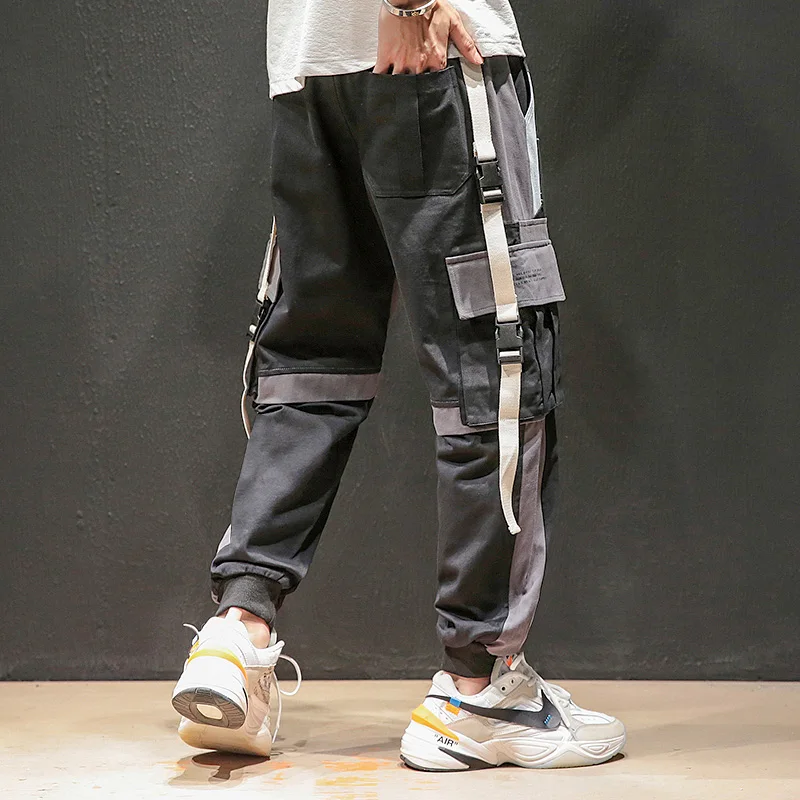 2019 Мужские штаны в стиле хип хоп уличная одежда с лентами лоскутные карманы